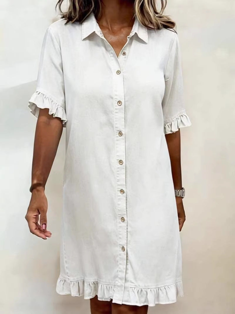 Women's Faux Denim Ruffle-Sleeve Shirt Dress FitiqueFit