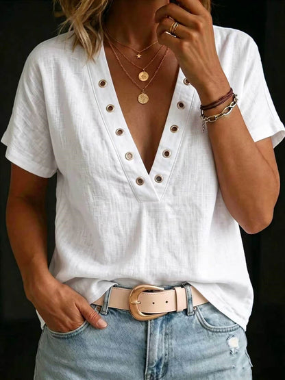 Women's V-Neck Short-Sleeve Loose-Fit Linen Shirt FitiqueFit