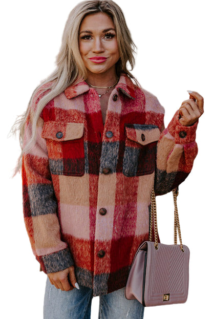 Orange Plaid Print Flap Pockets Buttoned Casual Plus Size Jacket Garden Naked Curves