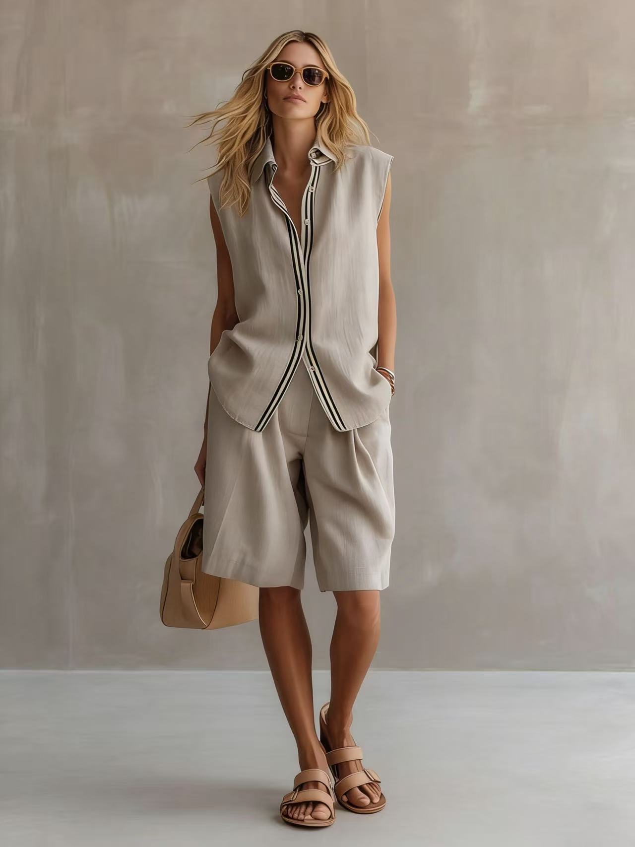 Women's Linen Shirt and Shorts Set – Sleeveless Summer Two-Piece FitiqueFit