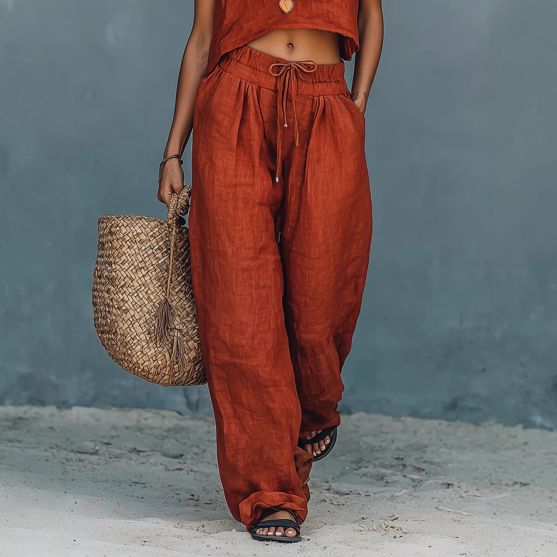 Women's Sleeveless Tank Top & Wide-Leg Pants Set – Linen Blend Summer Two-Piece FitiqueFit