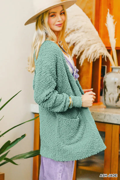 Zenana Long Sleeve Popcorn Sweater Cardigan with Pockets West2East Surf