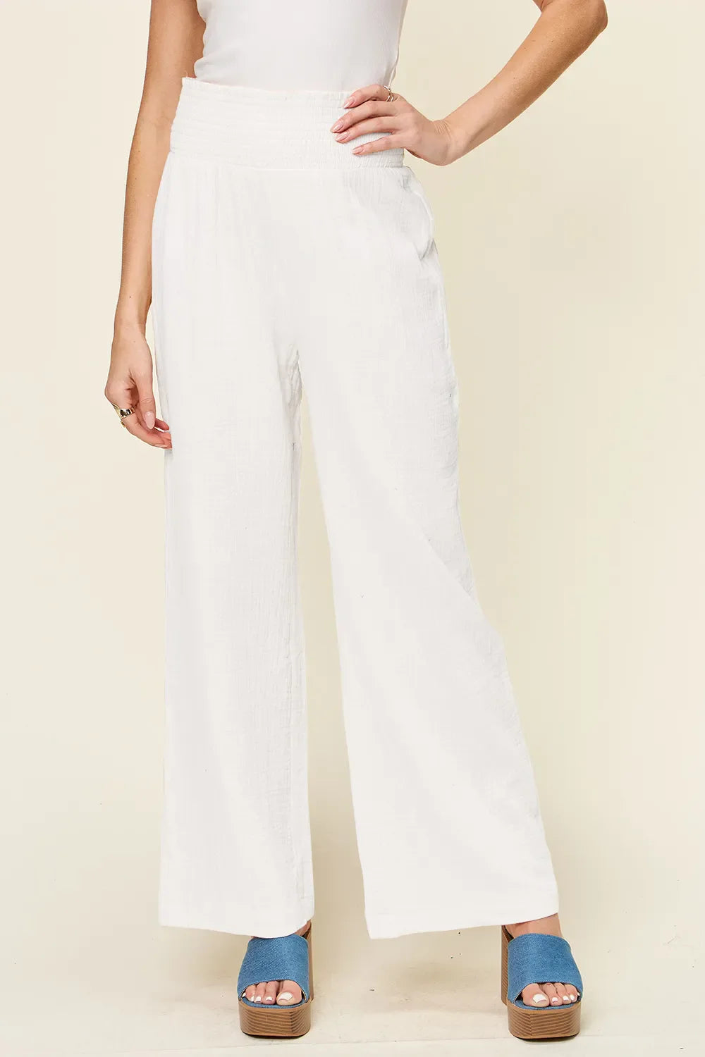 Double Take Full Size Texture Smocked Waist Wide Leg Pants New Era Fashion LLc