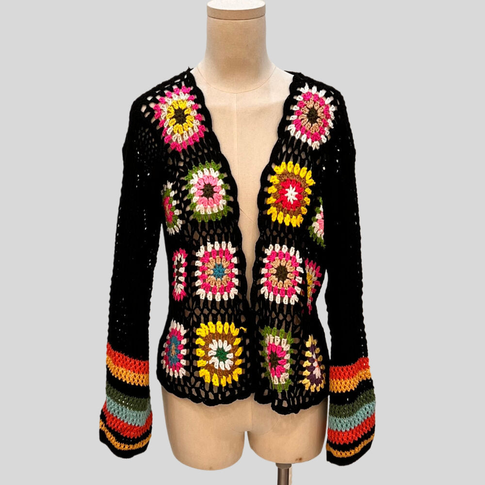 Hand-Crocheted Floral Cardigan Sweater | Boho Open Front Knit Top FitiqueFit