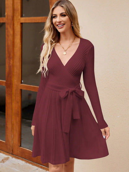 Women's Wrap A-Line Knit Dress Long Sleeve FitiqueFit