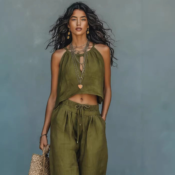 Women's Sleeveless Tank Top & Wide-Leg Pants Set – Linen Blend Summer Two-Piece FitiqueFit