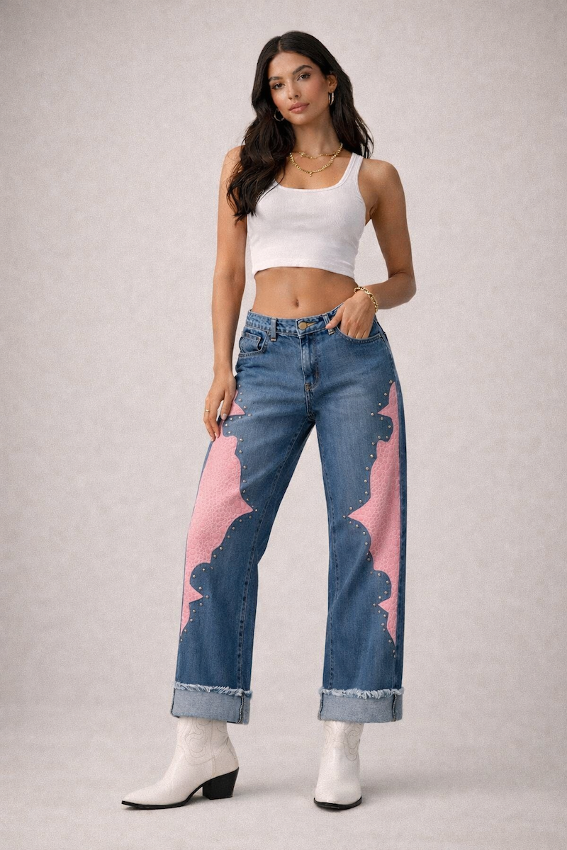 Low Rise Cuffed  Western Jean with Pink Vinyl Croc Panels GJG DENIM