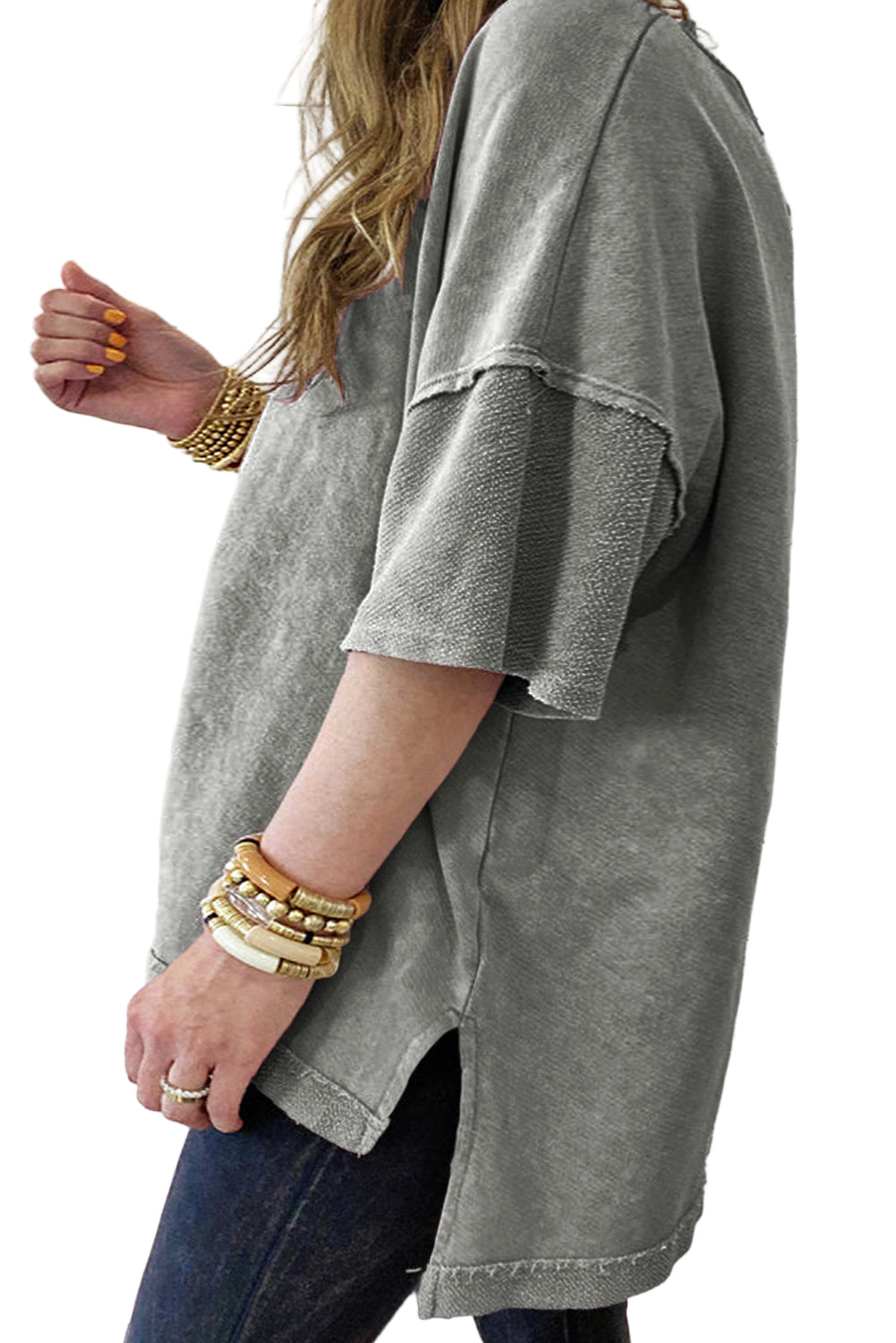 Light Grey Mineral Wash Drop Sleeve Patchwork Plus Size Tee Garden Naked Curves
