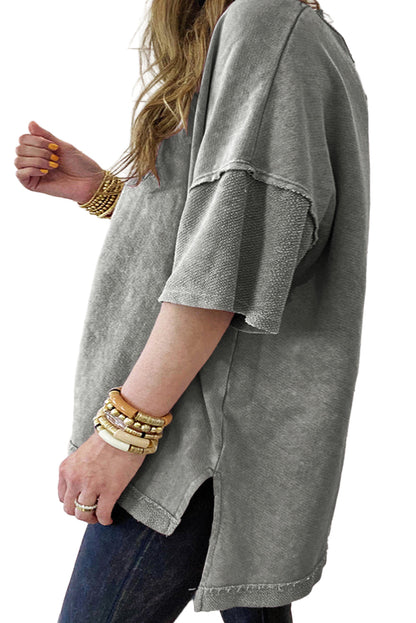 Light Grey Mineral Wash Drop Sleeve Patchwork Plus Size Tee Garden Naked Curves