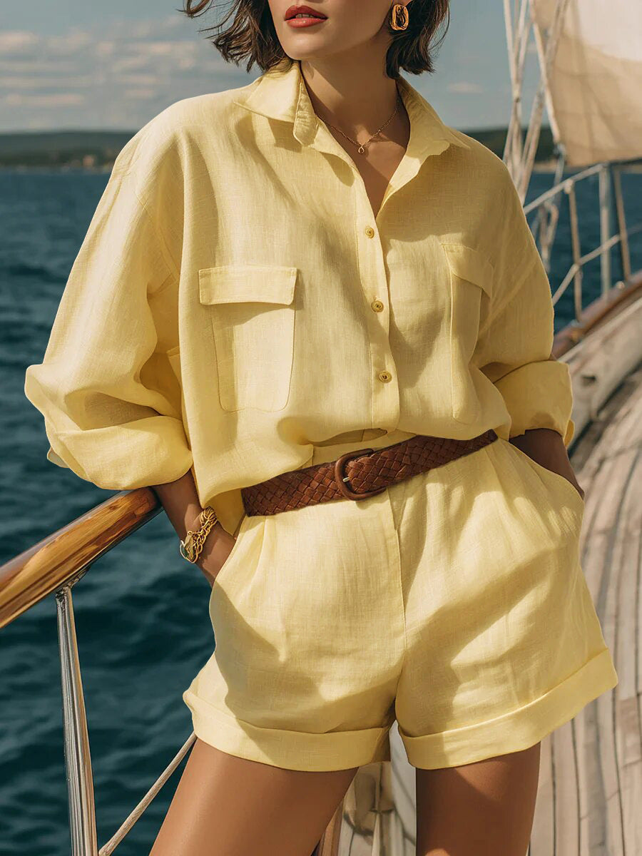 Cotton-Linen Loose-Fit Button-Down Shirt and Shorts Casual Set FitiqueFit
