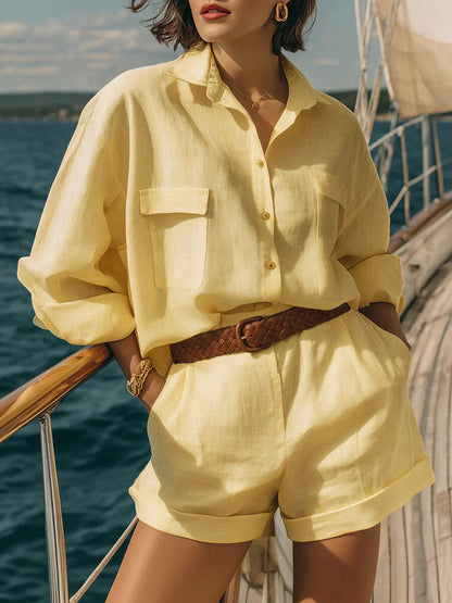 Cotton-Linen Loose-Fit Button-Down Shirt and Shorts Casual Set FitiqueFit