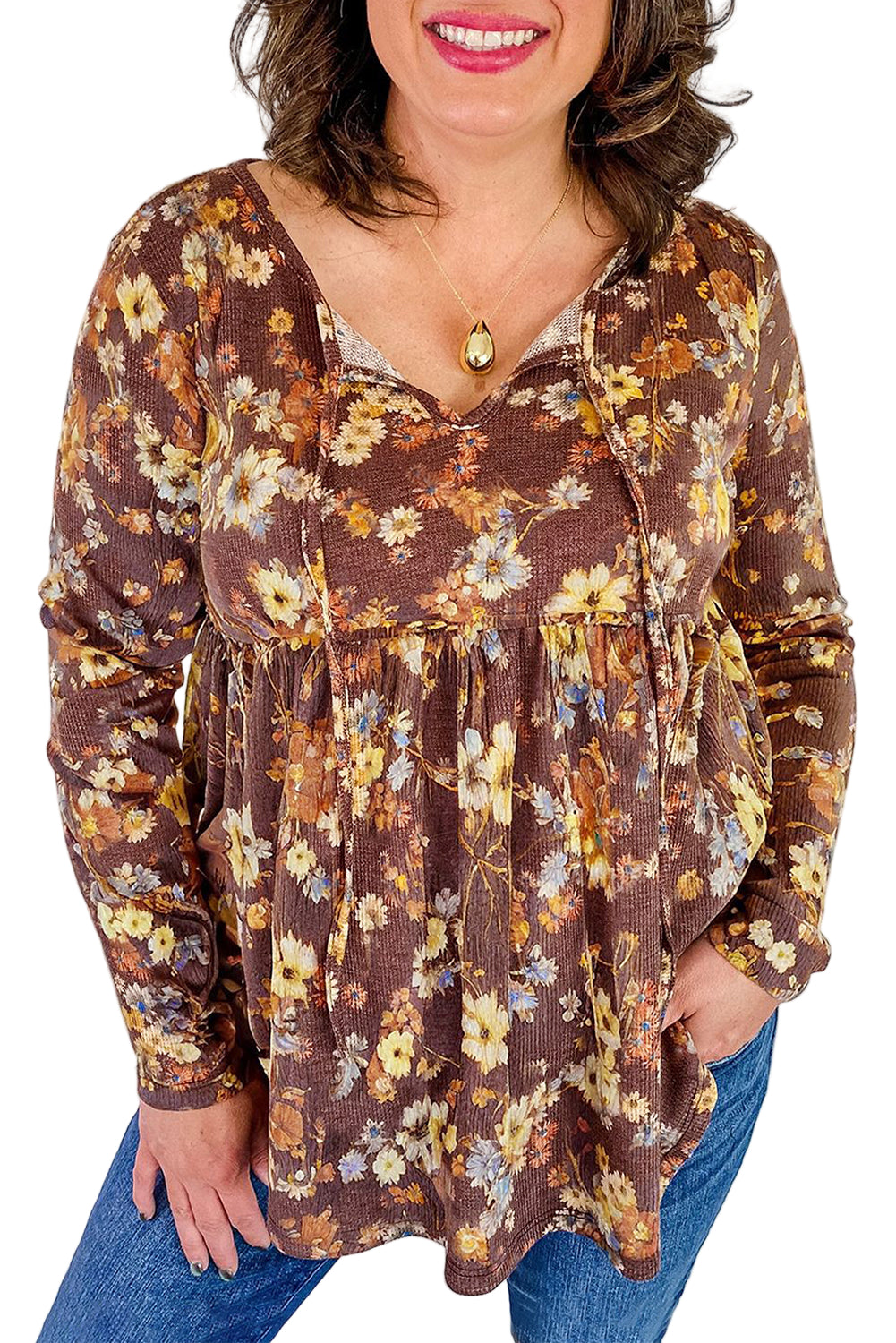 Khaki Floral Textured Long Sleeve Tie Neck Plus Size Babydoll Blouse Garden Naked Curves