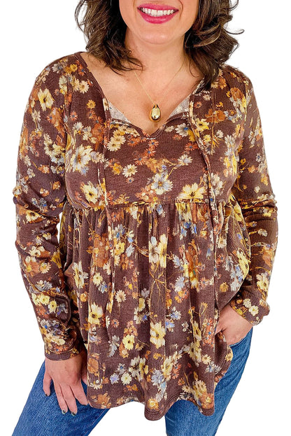 Khaki Floral Textured Long Sleeve Tie Neck Plus Size Babydoll Blouse Garden Naked Curves