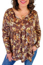 Khaki Floral Textured Long Sleeve Tie Neck Plus Size Babydoll Blouse Garden Naked Curves
