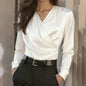 Women's Elegant Cross V-Neck Blouse, Ruffle Detail Button Accent Office Shirt FitiqueFit