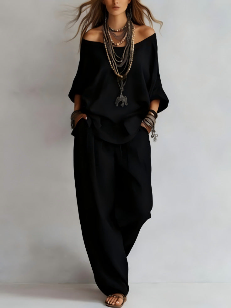 Women's Off-Shoulder Top & Wide-Leg Pants Set FitiqueFit
