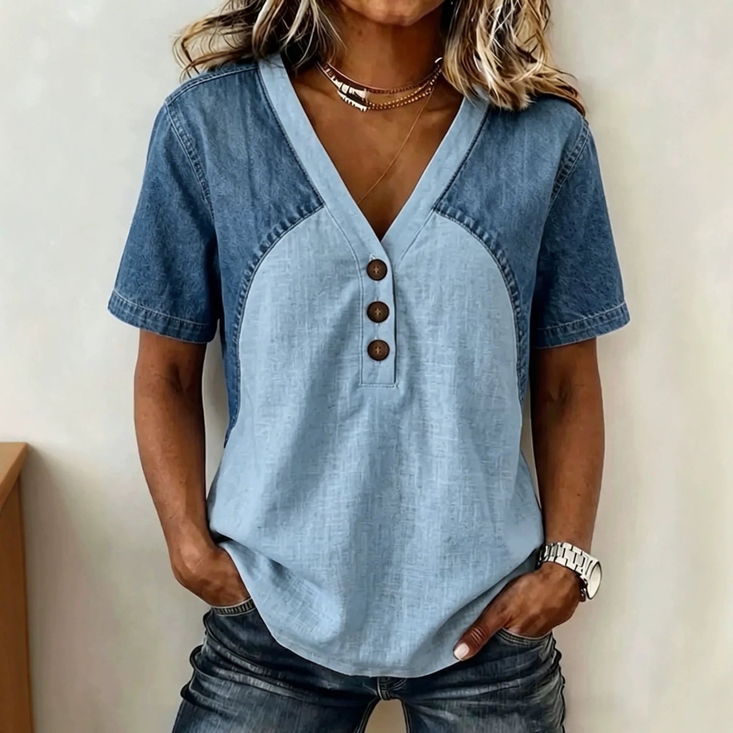 Women's Loose Denim Patchwork Color-Block T-Shirt FitiqueFit
