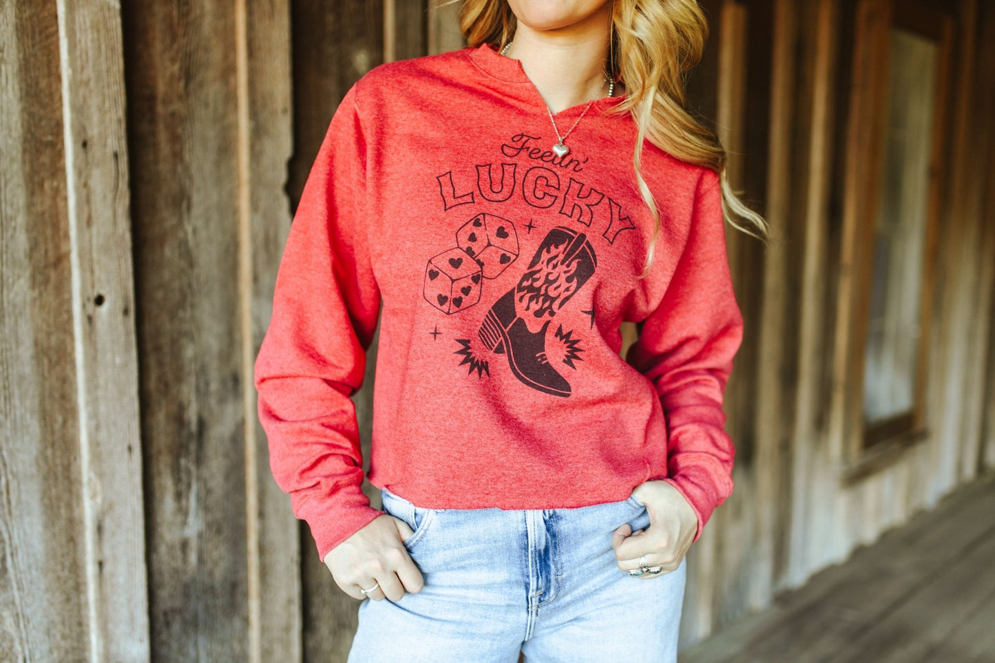 Feelin' Lucky Raw Hem V-Neck Crop Graphic Sweatshirt Wild Junkie