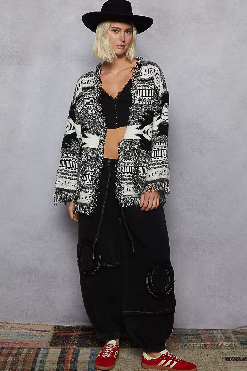 POL Open Front Geometric Print Cardigan with Fringe Detail FitiqueFit