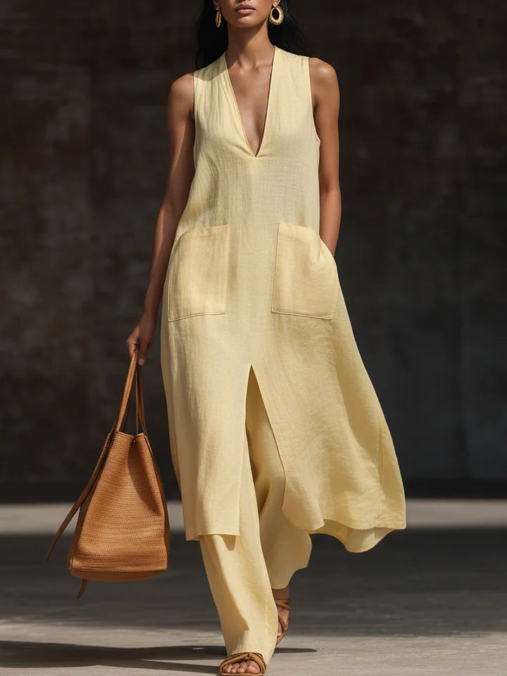 Women's V-Neck Sleeveless Linen Dress Set – Casual Chic FitiqueFit