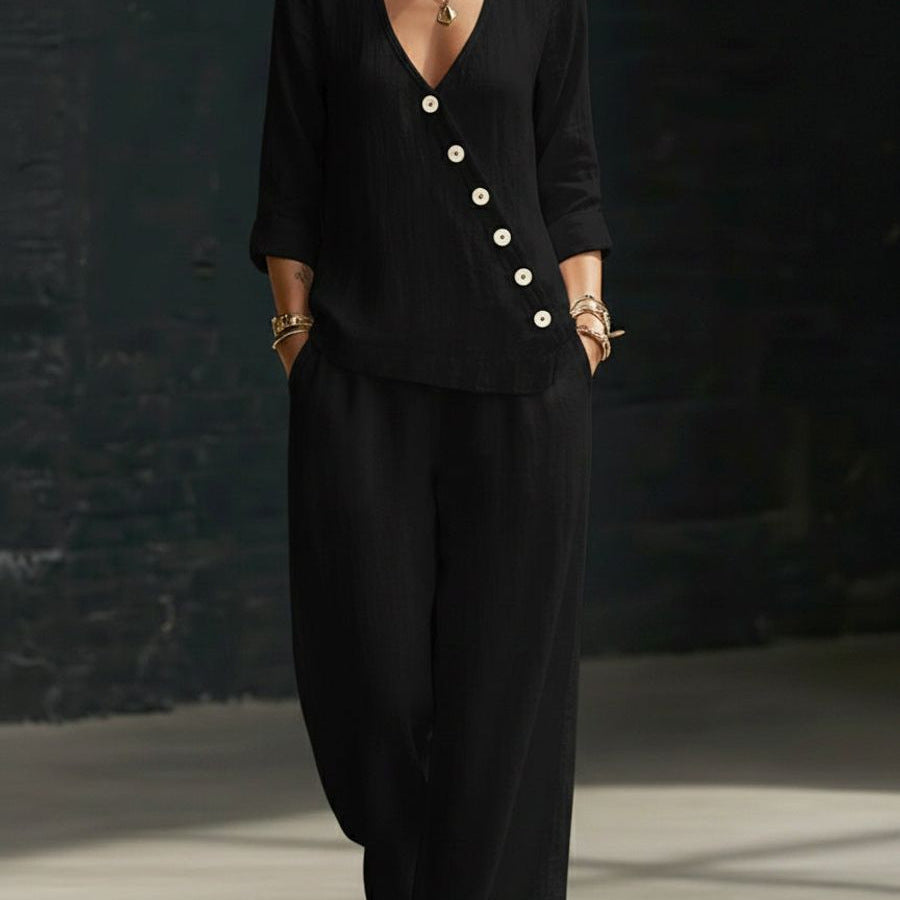 Women’s V-Neck Cross-Over Shirt and Wide-Leg Pants Set FitiqueFit
