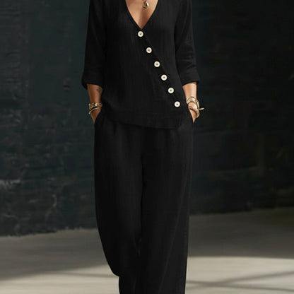 Women’s V-Neck Cross-Over Shirt and Wide-Leg Pants Set FitiqueFit