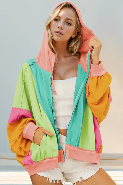 Double Take Full Size Color Block Zip Up Hoodie See size chart under “more details” The Fashion Celestial