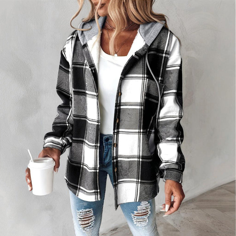 Plaid Drawstring Hoodie Shirt FitiqueFit