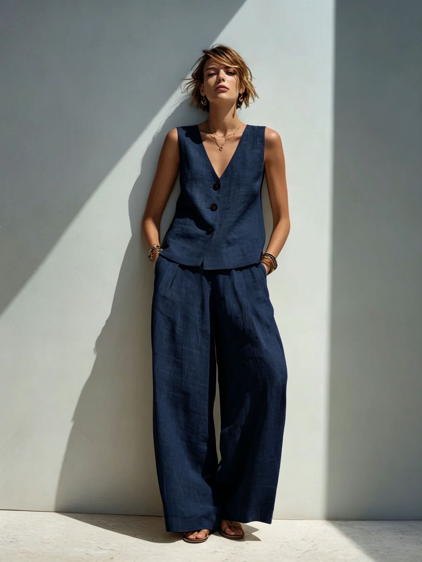 Linen Blend V-Neck Buttoned Vest & High-Waist Wide-Leg Pants Set – 5 Colors S–3XL FitiqueFit