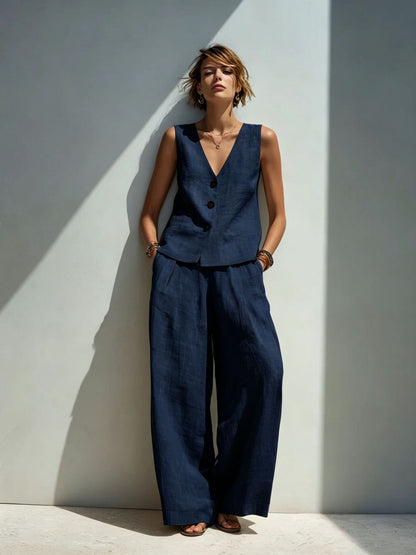 Linen Blend V-Neck Buttoned Vest & High-Waist Wide-Leg Pants Set – 5 Colors S–3XL FitiqueFit