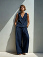Linen Blend V-Neck Buttoned Vest & High-Waist Wide-Leg Pants Set – 5 Colors S–3XL FitiqueFit