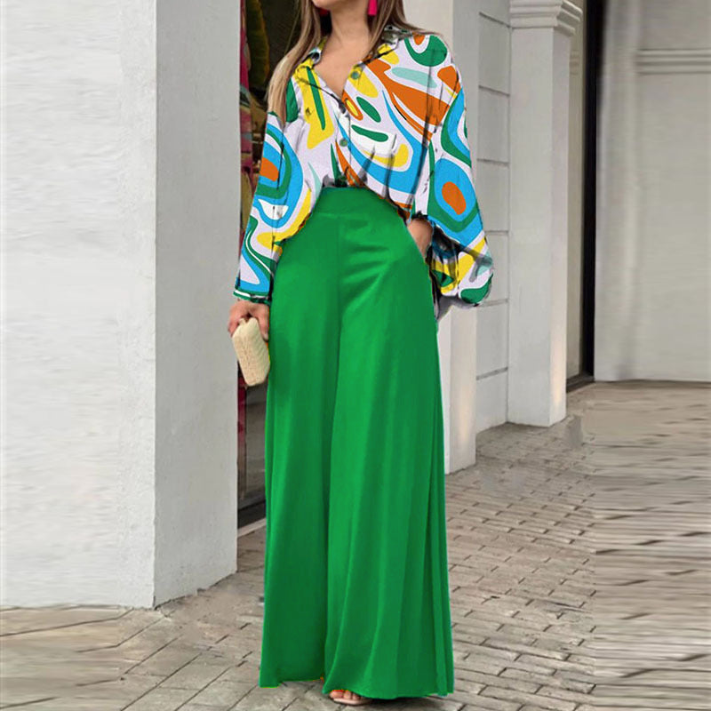 Women's Printed Shirt Wide Leg Pants Fashion Casual Set See size chart under “more details” The Fashion Celestial