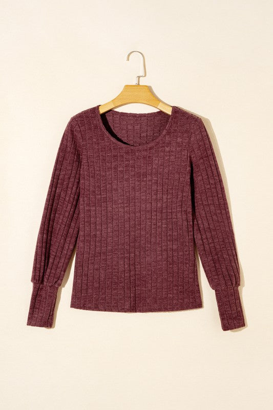 Mineral Red Ribbed Bishop Sleeve Round Neck Top Shop Style & More | Fresh Looks, Everyday Deals & Free Shipping