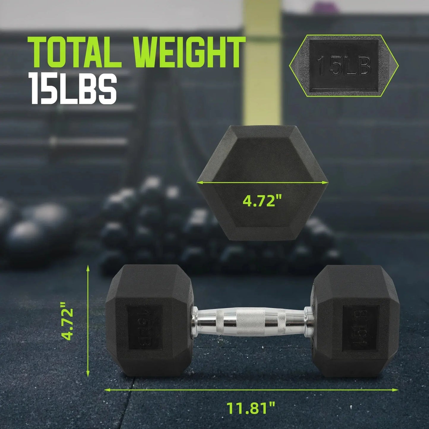 Rubber Encased Hex Dumbbell, Black, 15 Lb