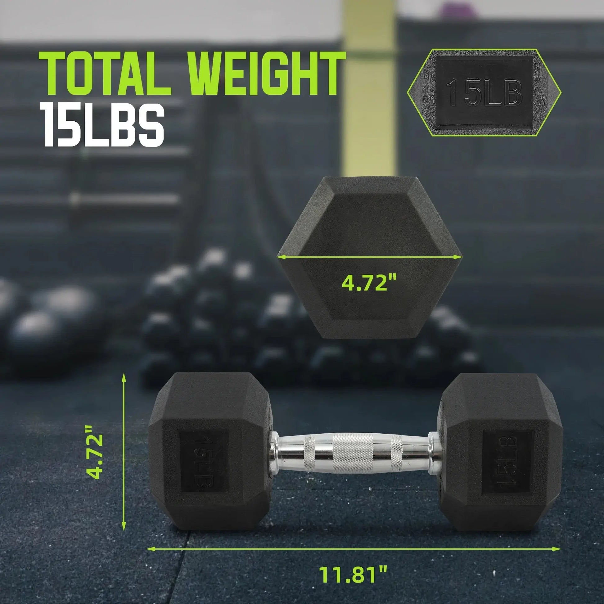 Rubber Encased Hex Dumbbell, Black, 15 Lb