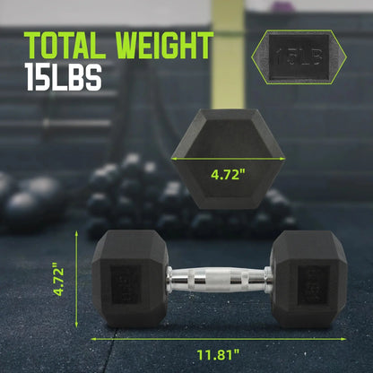 Rubber Encased Hex Dumbbell, Black, 15 Lb
