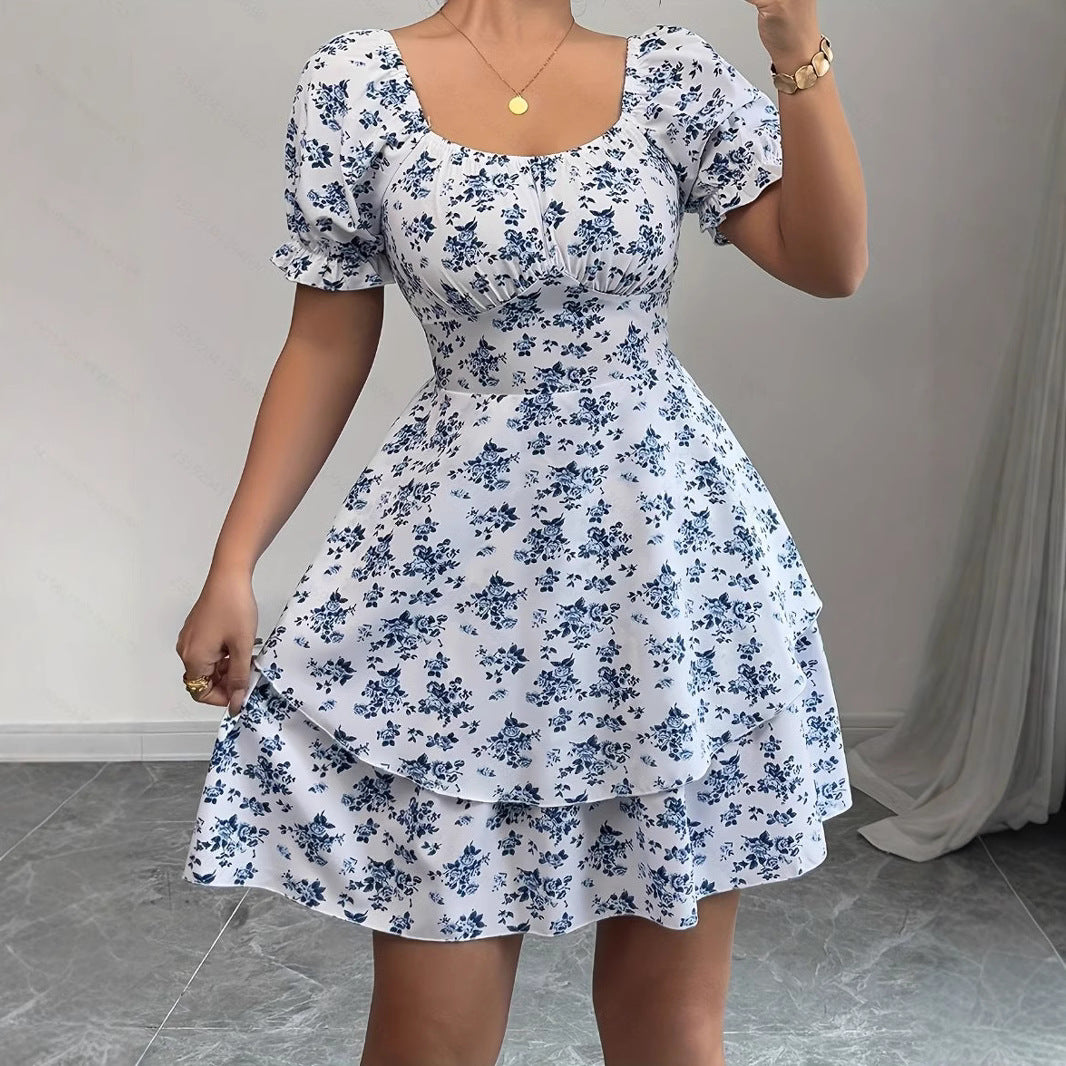 Ditsy Floral High Waist Flared Midi Dress – Short Sleeve Backless Summer Dress FitiqueFit