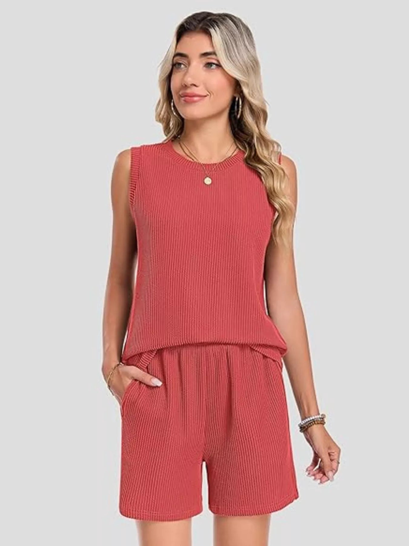 Casual Ribbed Knit Sleeveless Top and Shorts Set New Era Fashion LLc