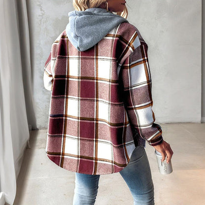 Women's Plaid Hoodie Long Sleeve Jacket With Pocket FitiqueFit