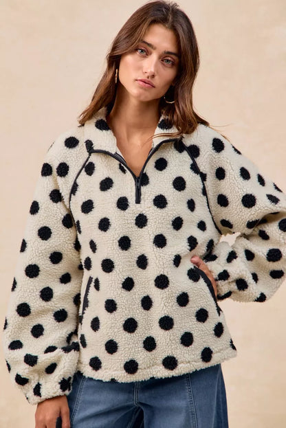 BiBi Polka Dot Sherpa Half Zip Up Top with Side Pocket FitiqueFit