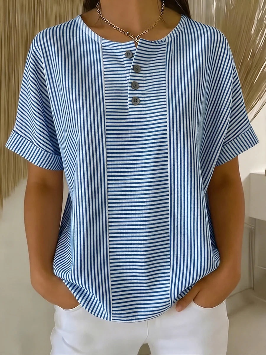 Women's Cotton Linen Striped T-Shirt – V-Neck, Button Detail, Loose Fit FitiqueFit
