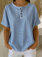 Women's Cotton Linen Striped T-Shirt – V-Neck, Button Detail, Loose Fit FitiqueFit