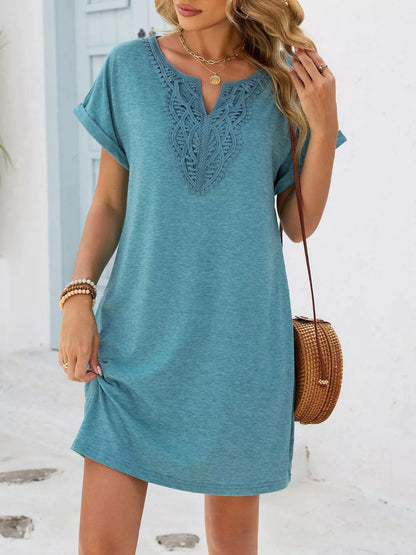 Lace Trim Notched Short Sleeve Dress New Era Fashion LLc