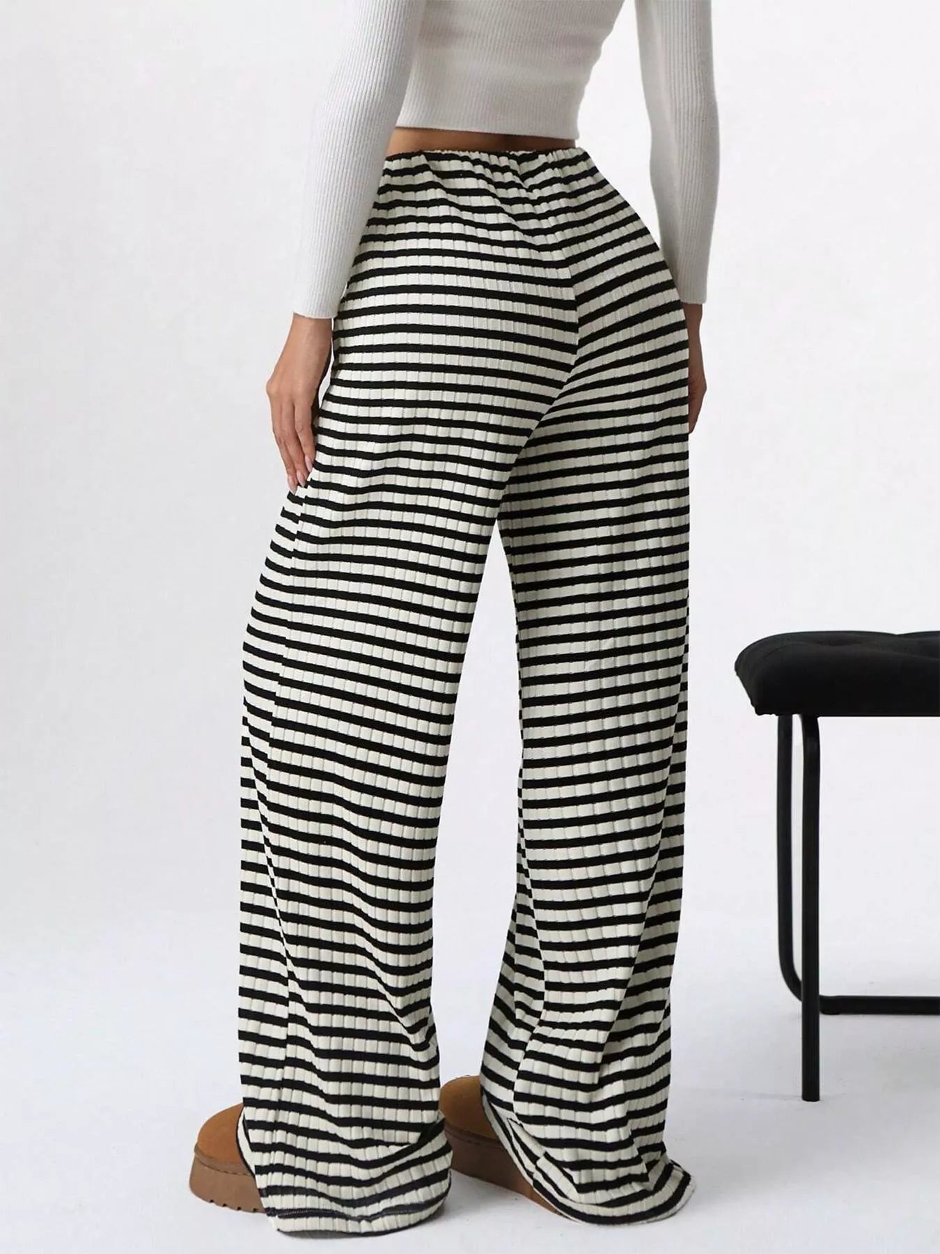 Striped Ribbed Knit Drawstring Waist Wide Leg Pants New Era Fashion LLc
