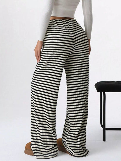 Striped Ribbed Knit Drawstring Waist Wide Leg Pants New Era Fashion LLc