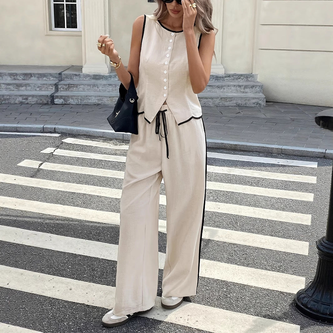 Women's Contrast Color Sleeveless Vest & Drawstring Trousers Suit – 6 Colors S–XXL FitiqueFit