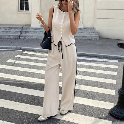 Women's Contrast Color Sleeveless Vest & Drawstring Trousers Suit – 6 Colors S–XXL FitiqueFit