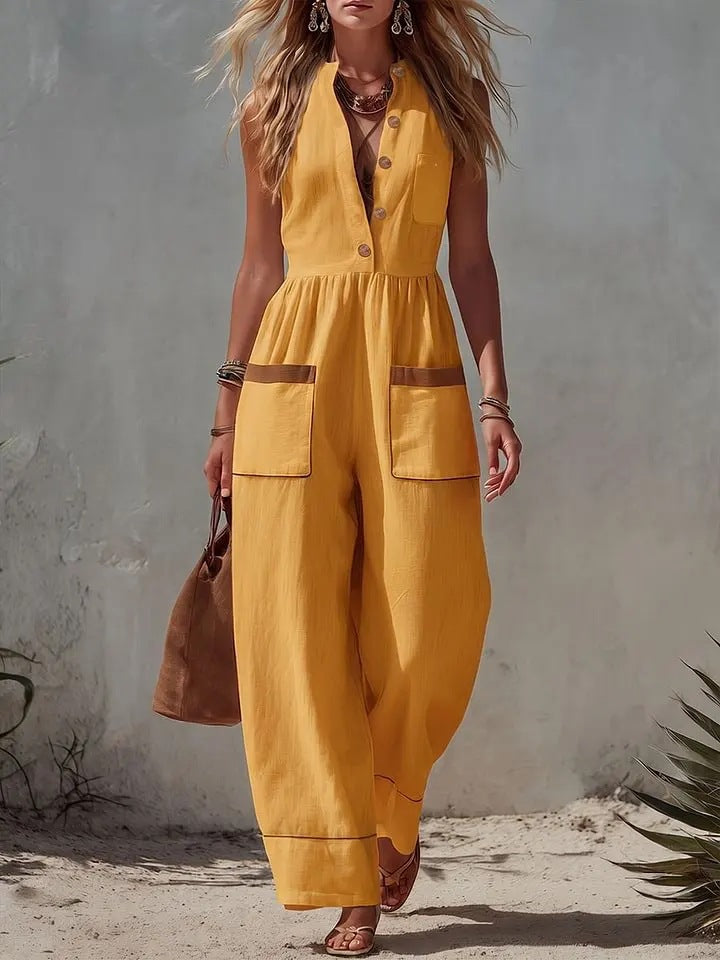 Women's Sleeveless Wide-Leg Jumpsuit – Loose Fit, V-Neck, Cotton Linen FitiqueFit