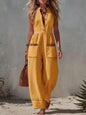 Women's Sleeveless Wide-Leg Jumpsuit – Loose Fit, V-Neck, Cotton Linen FitiqueFit