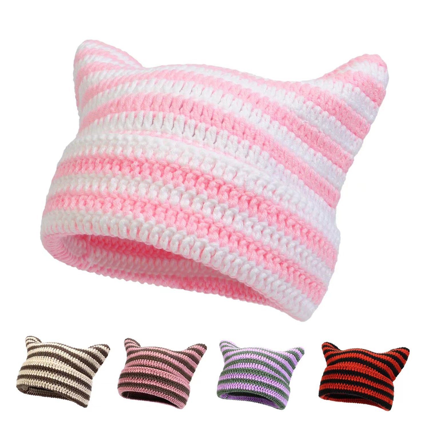 Women’s Hand Knitted Striped Cat Hat – Cute Warm Winter Beanie FitiqueFit